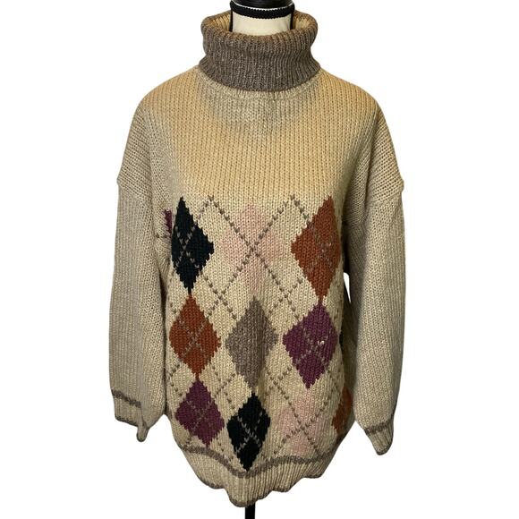 Vintage Midnight Blues Women's Argyle Turtleneck Sweater Large Knitted by Hand - Picture 1 of 10